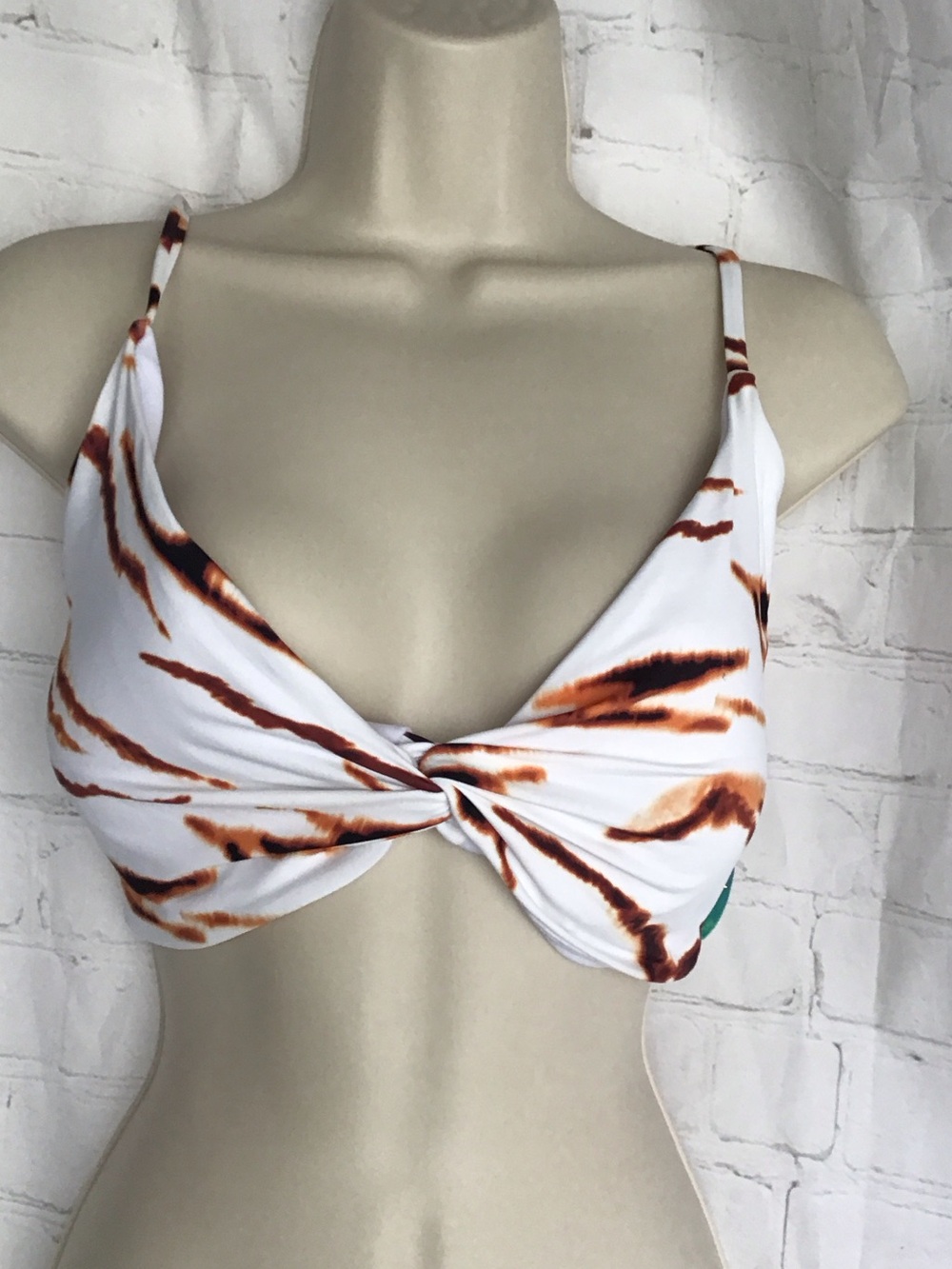 Twist-Front White Bikini Top with Brown Rust Streaks